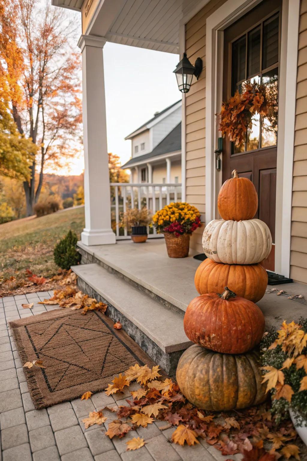 A welcoming porch adorned with a stacked pumpkin display.