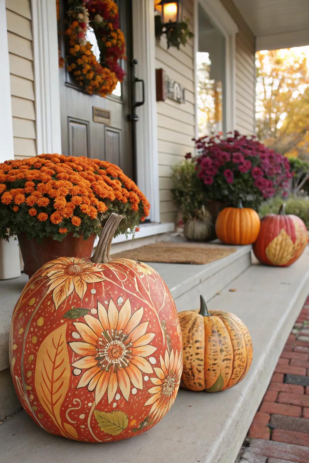 Botanical painted pumpkins imbue any porch with a burst of vibrant color.