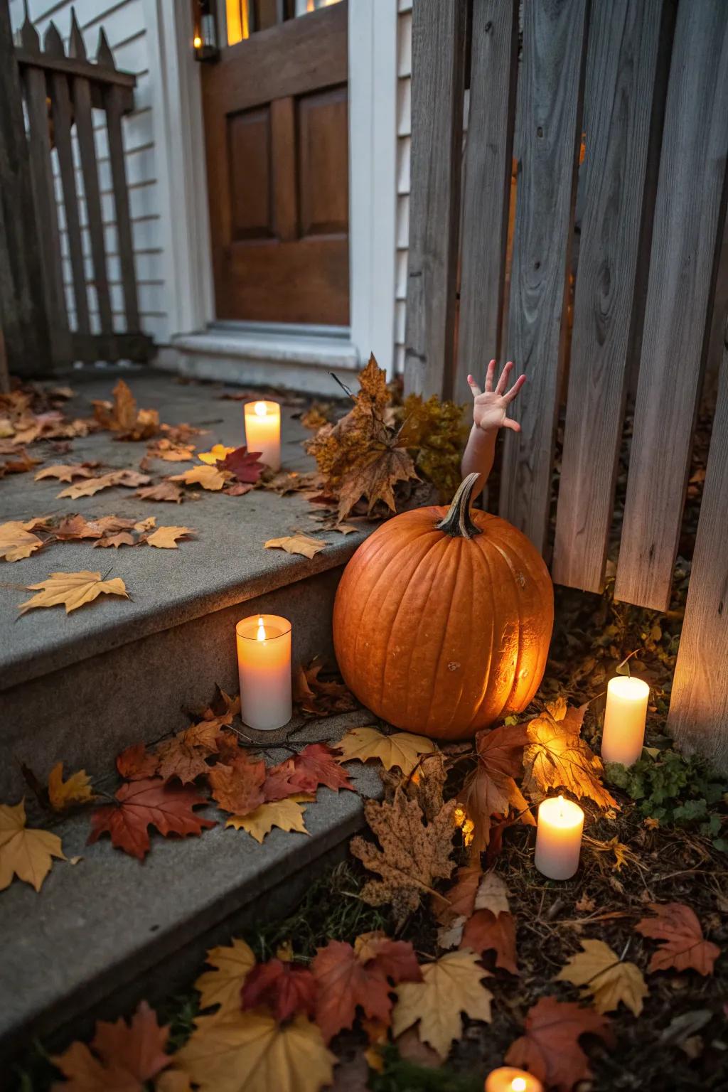 A whimsical, yet eerie, infant imp-inspired pumpkin decoration.