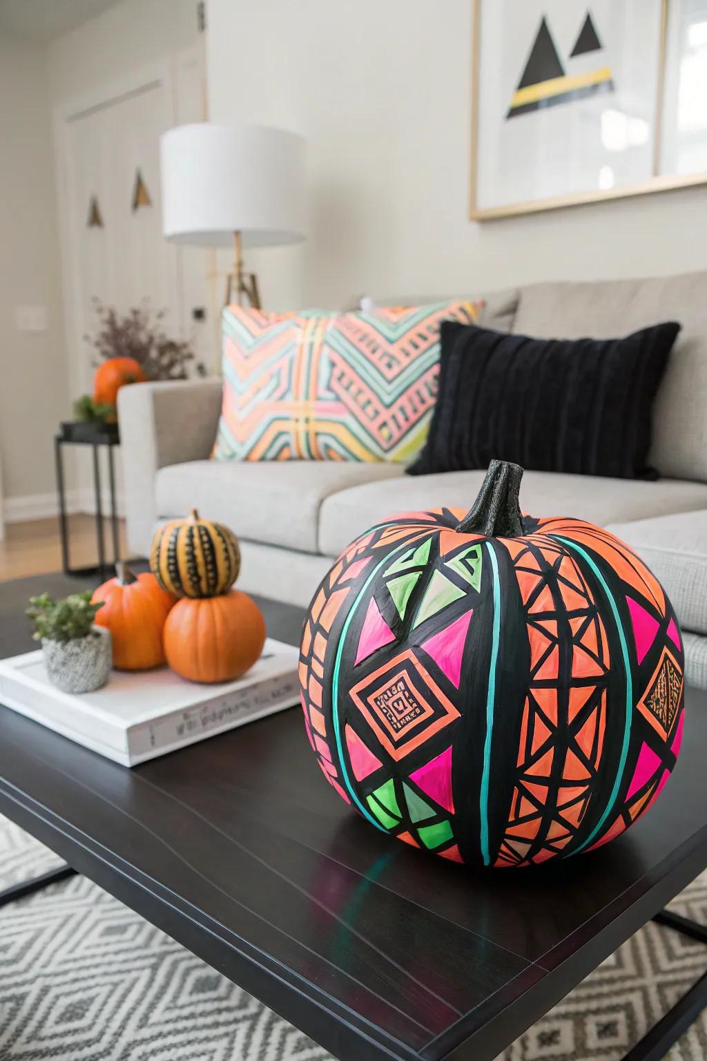 Infuse a contemporary flair into your décor with bold geometric pumpkin artistry.