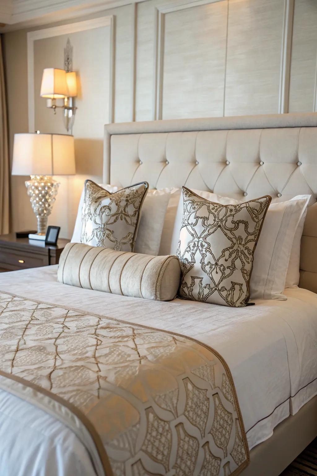A flawlessly balanced symmetrical setup of pillows atop a queen bed.