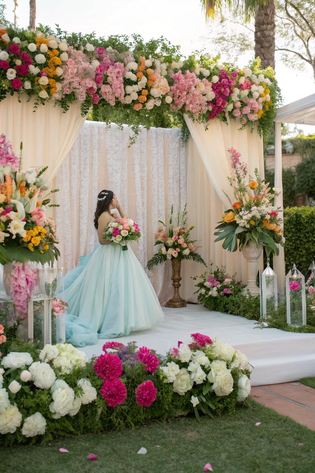 A floral-themed backdrop metamorphoses any space into a whimsical garden landscape.