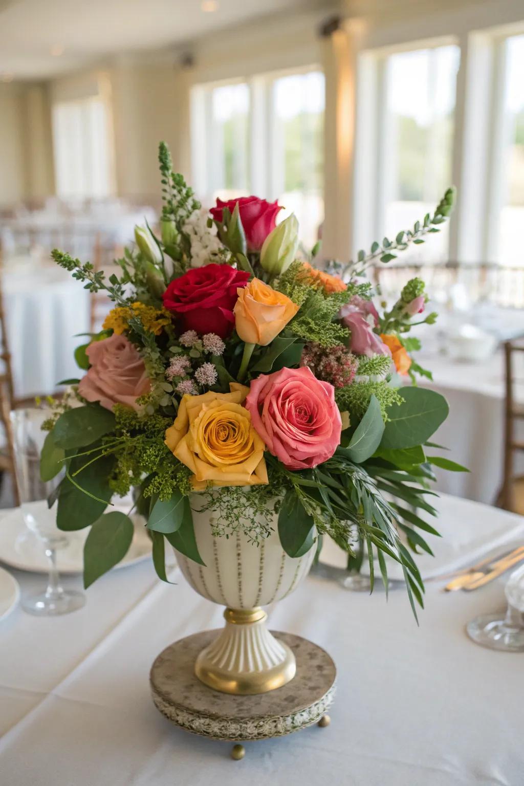 Sophisticated floral displays with roses and mixed blossoms achieve a timeless aesthetic.