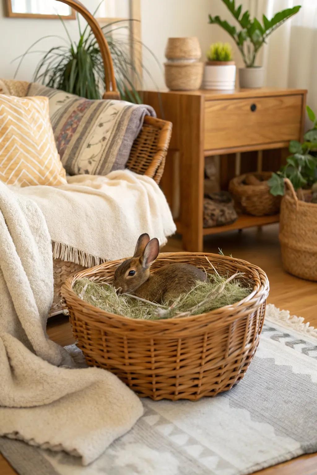A wicker basket overflowing with rabbit hay, which introduces a rustic charm to the decor.