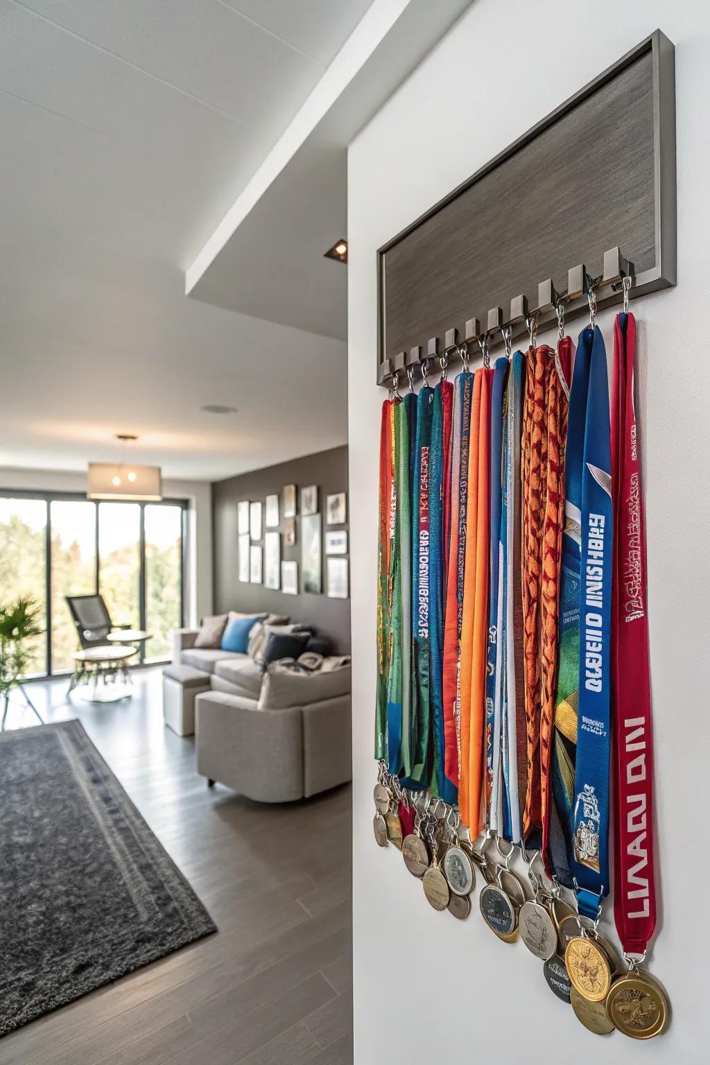 Wall-mounted rack transforming a simple wall into an energetic display of achievement.