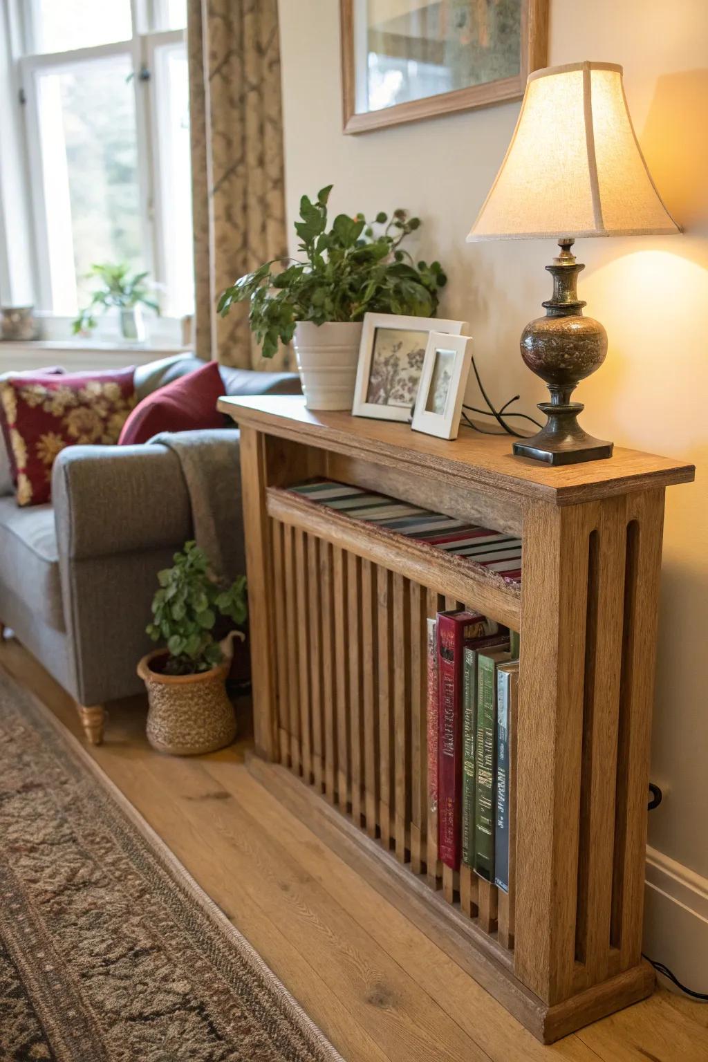 Timber shelves bring a sense of warmth and elegance to any radiator setup.