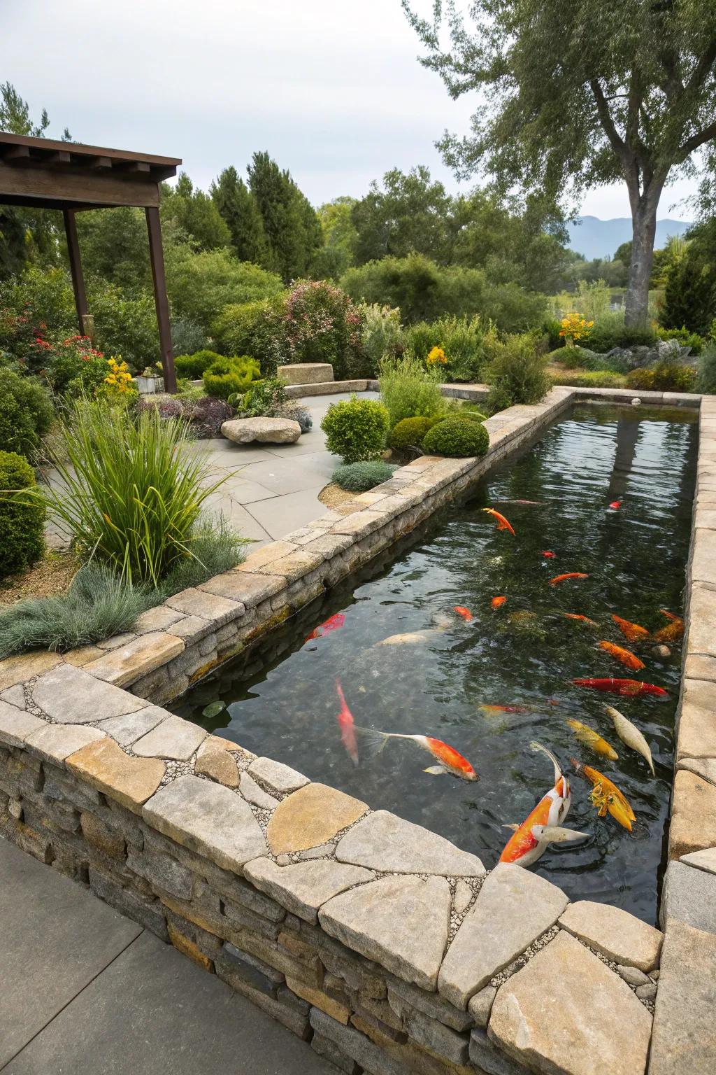 An elevated koi pond presenting rustic natural stone borders.