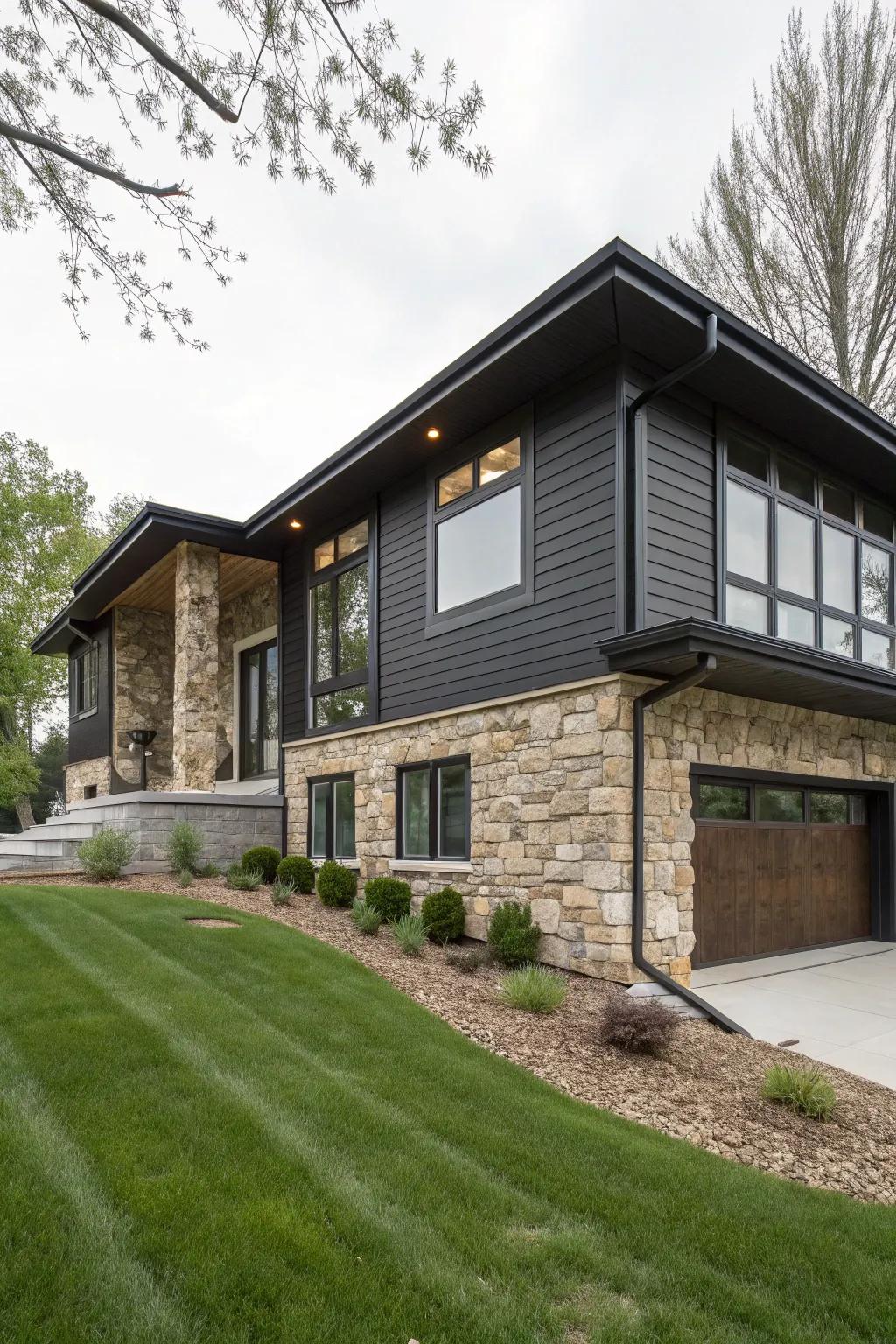A contemporary front facade displaying stone accents and shadowy siding on a raised ranch residence.