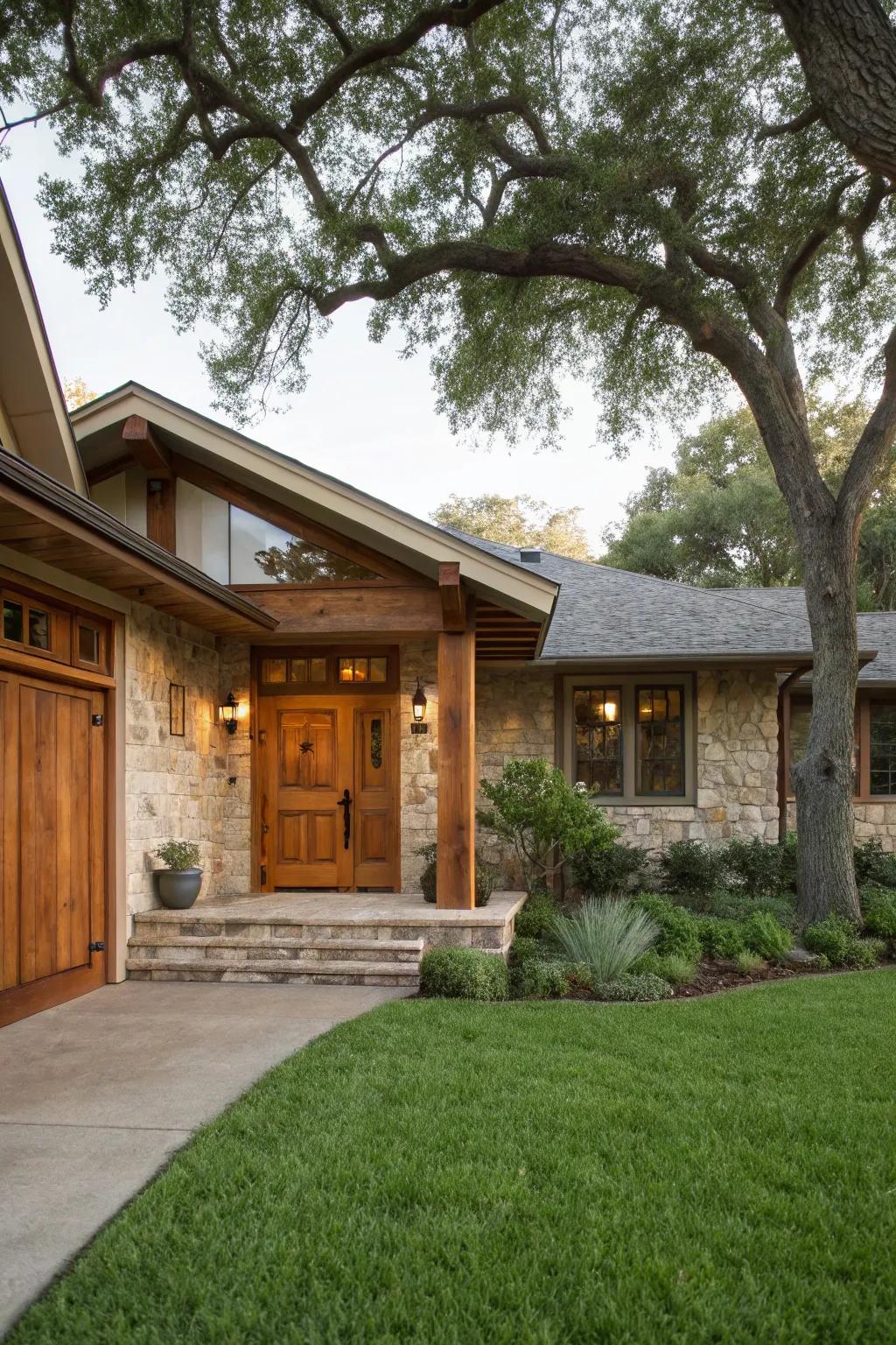 A timeless timber door adds warmth to any ranch-style home.