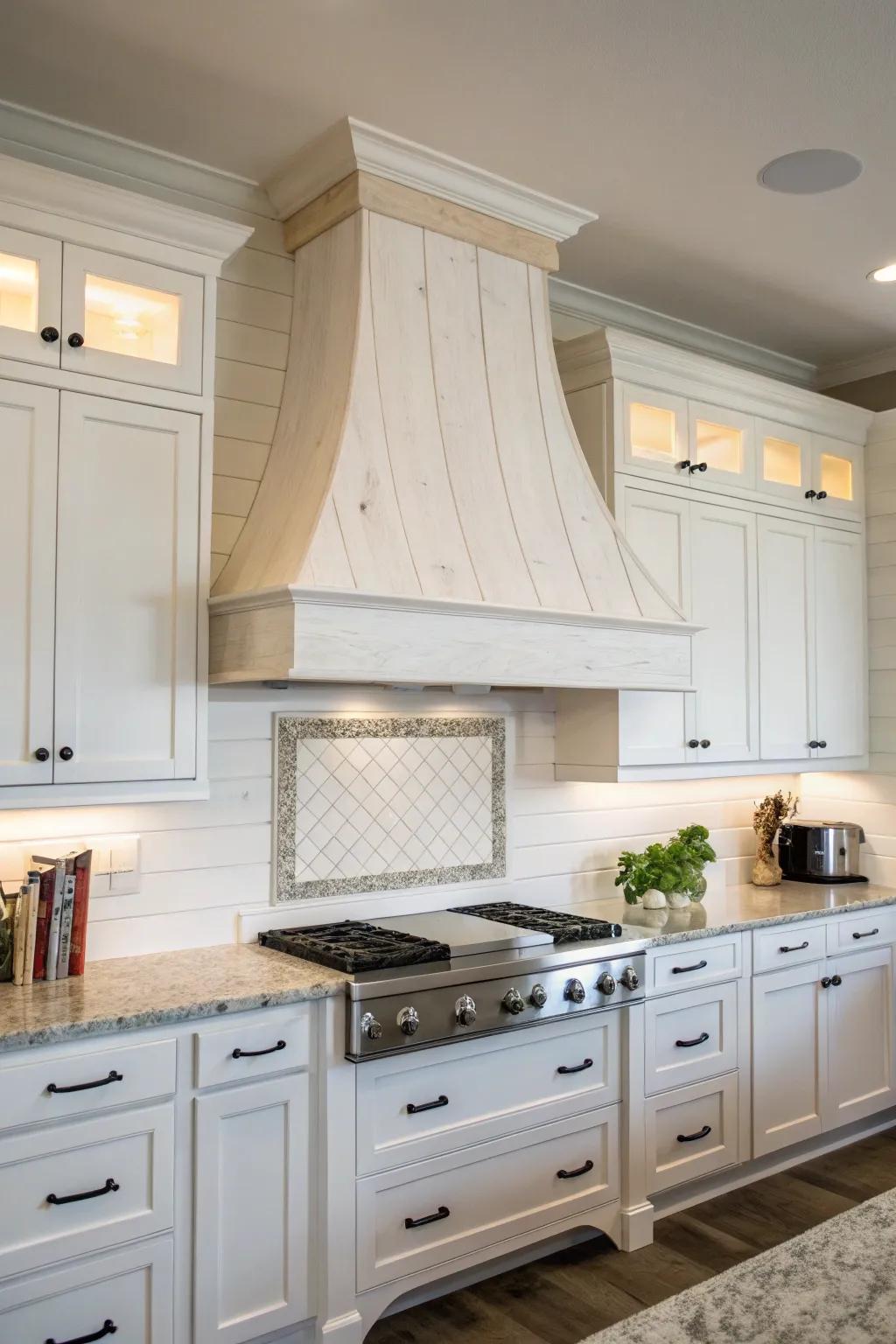 A simple white timber range hood covering offers a timeless kitchen ambiance.