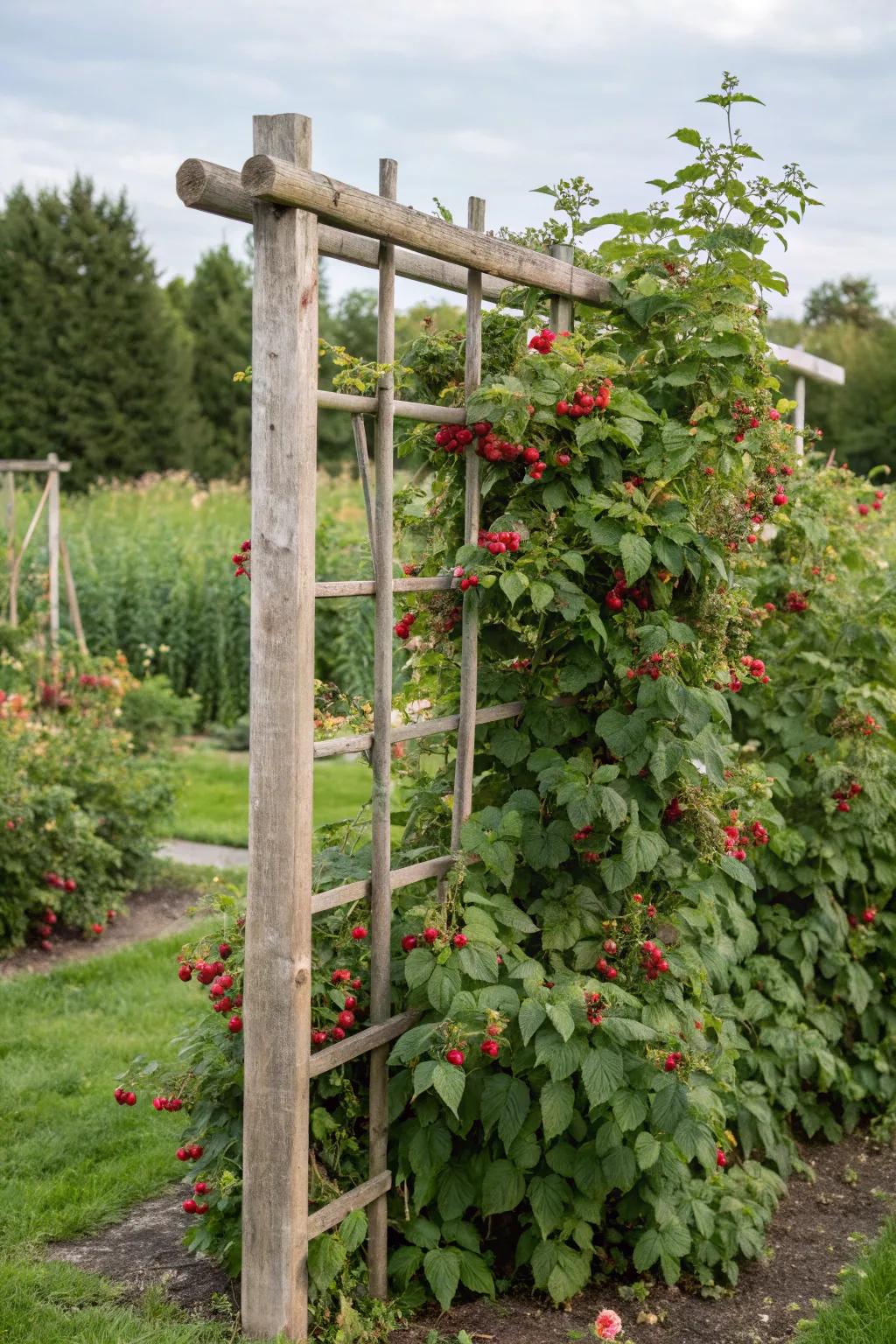 A classic timber trellis standing prominently amidst a raspberry haven.