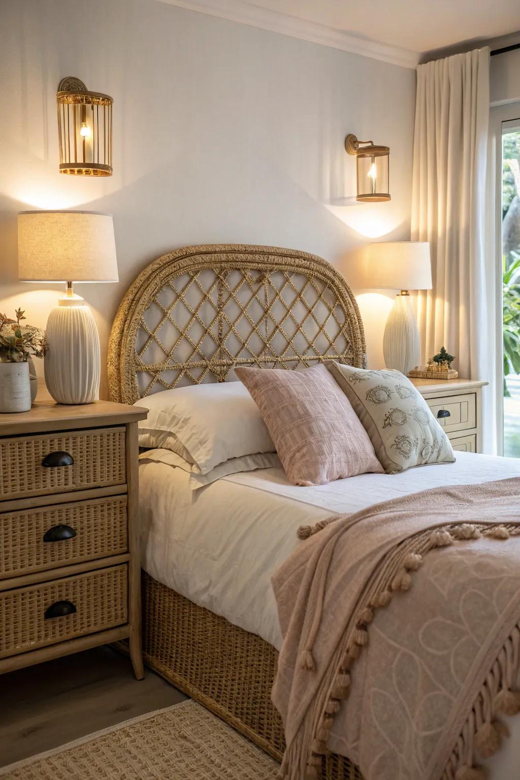 A rattan headboard establishes a cozy and welcoming atmosphere for your bedroom.