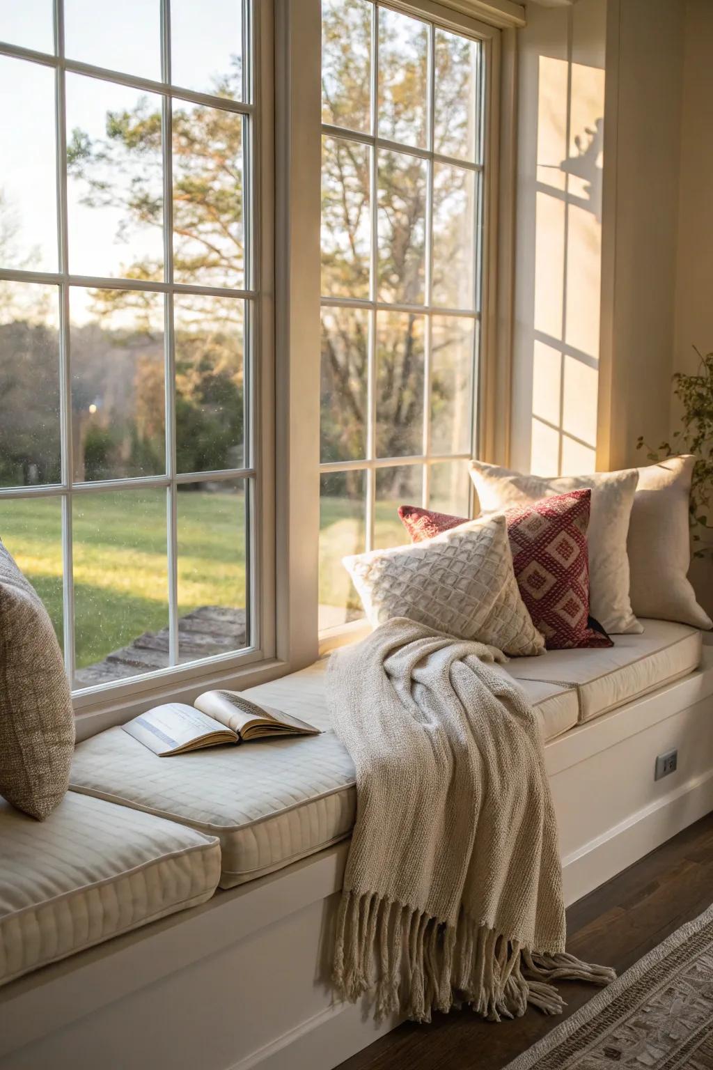 A window seat converted into a comfortable reading escape.