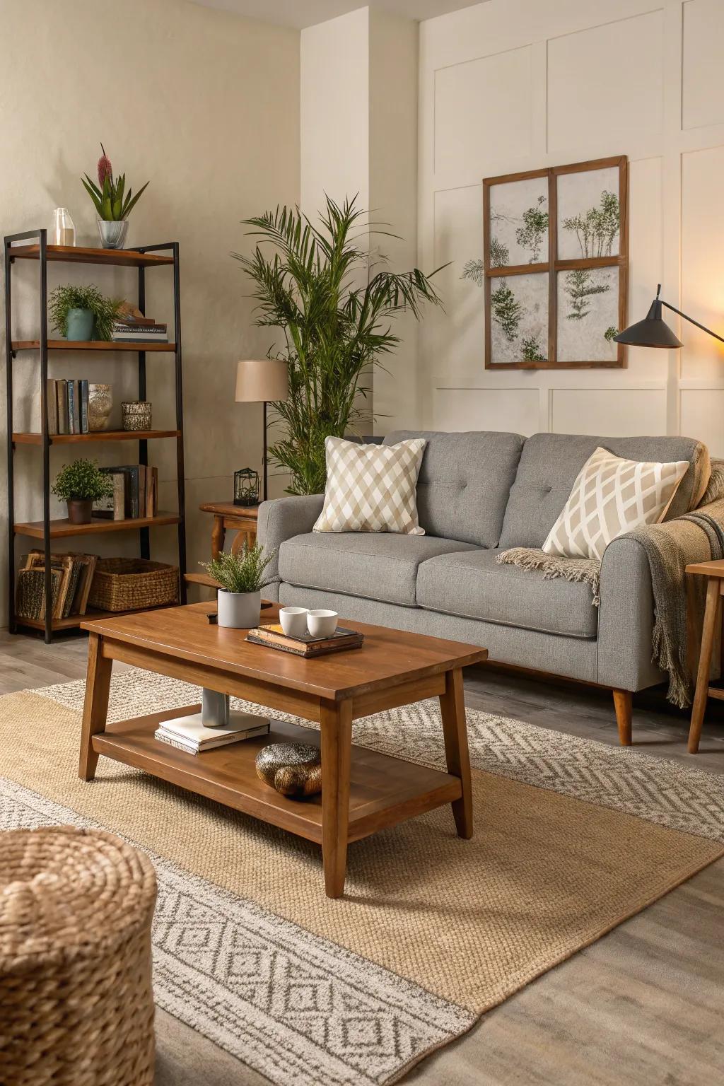 A peaceful living room featuring a calming, subtle color scheme.