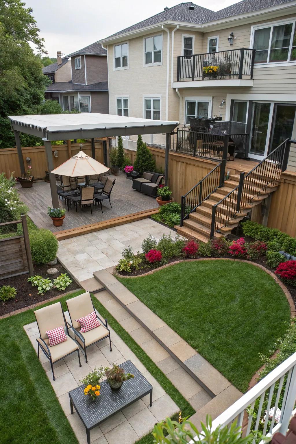 Tiered layouts bring dimension and intrigue to any rectangular backyard design.