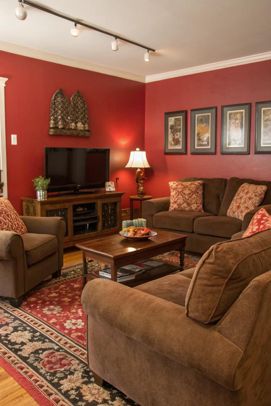 A luxurious red focal wall enriches the depth and highlights the living room's focus.