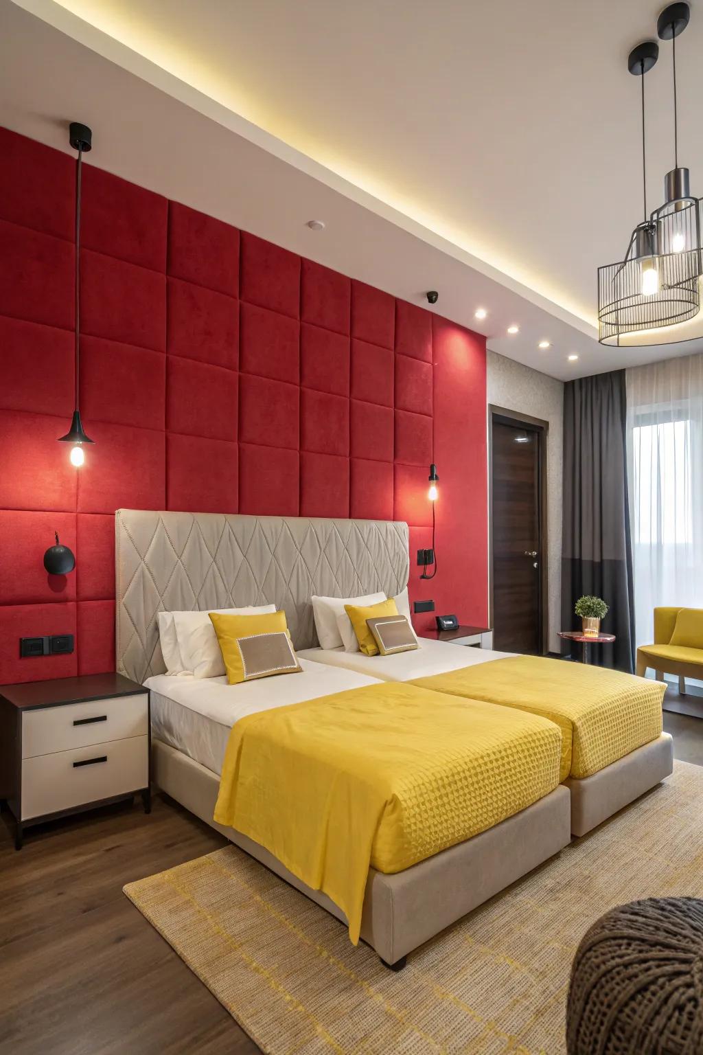 The striking crimson focal wall beautifully offsets the daffodil-toned bedding, resulting in a visually stunning, cozy bedroom.