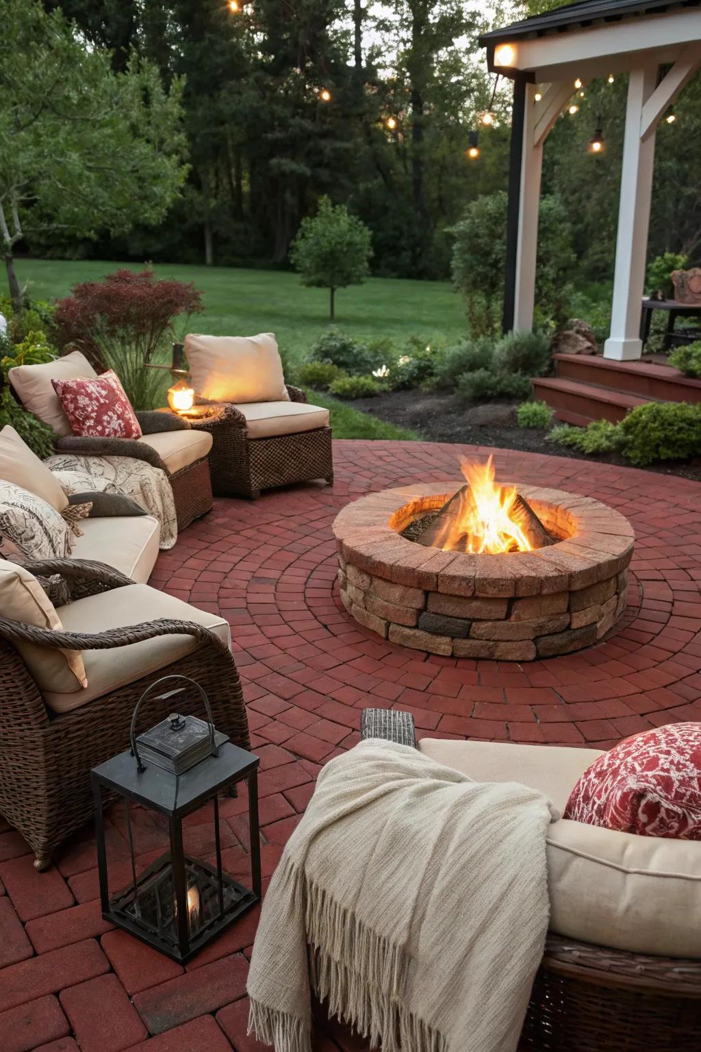 A red brick patio showcasing a snug fire pit setting