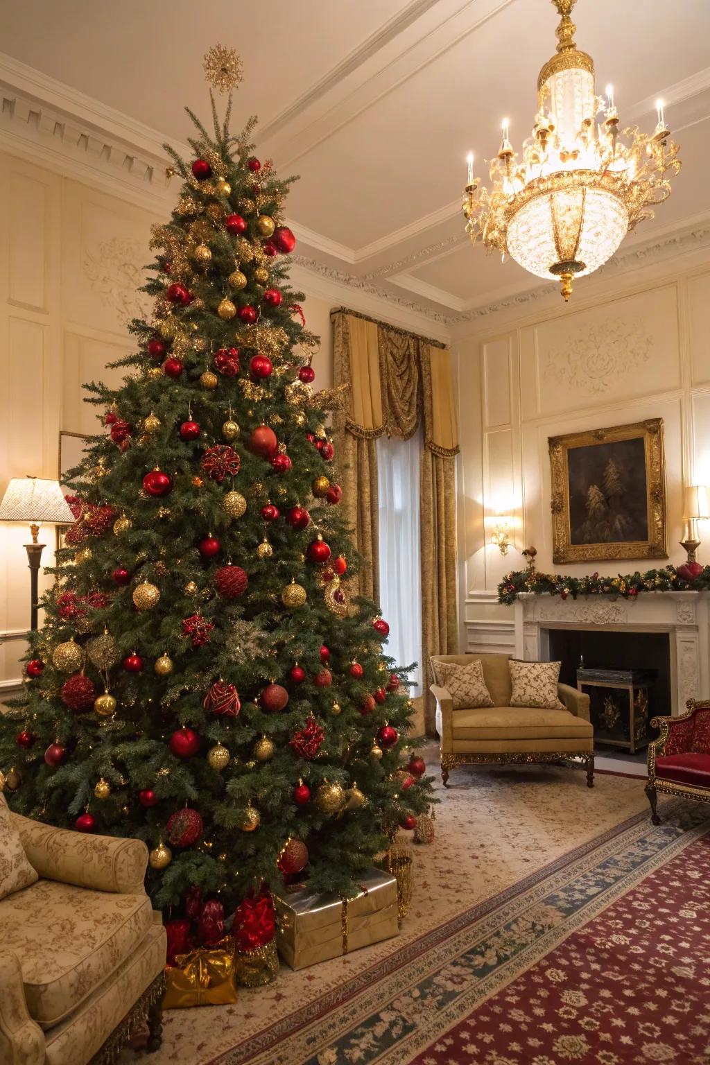 Classic red and gold Christmas tree embellished with elegant ornaments
