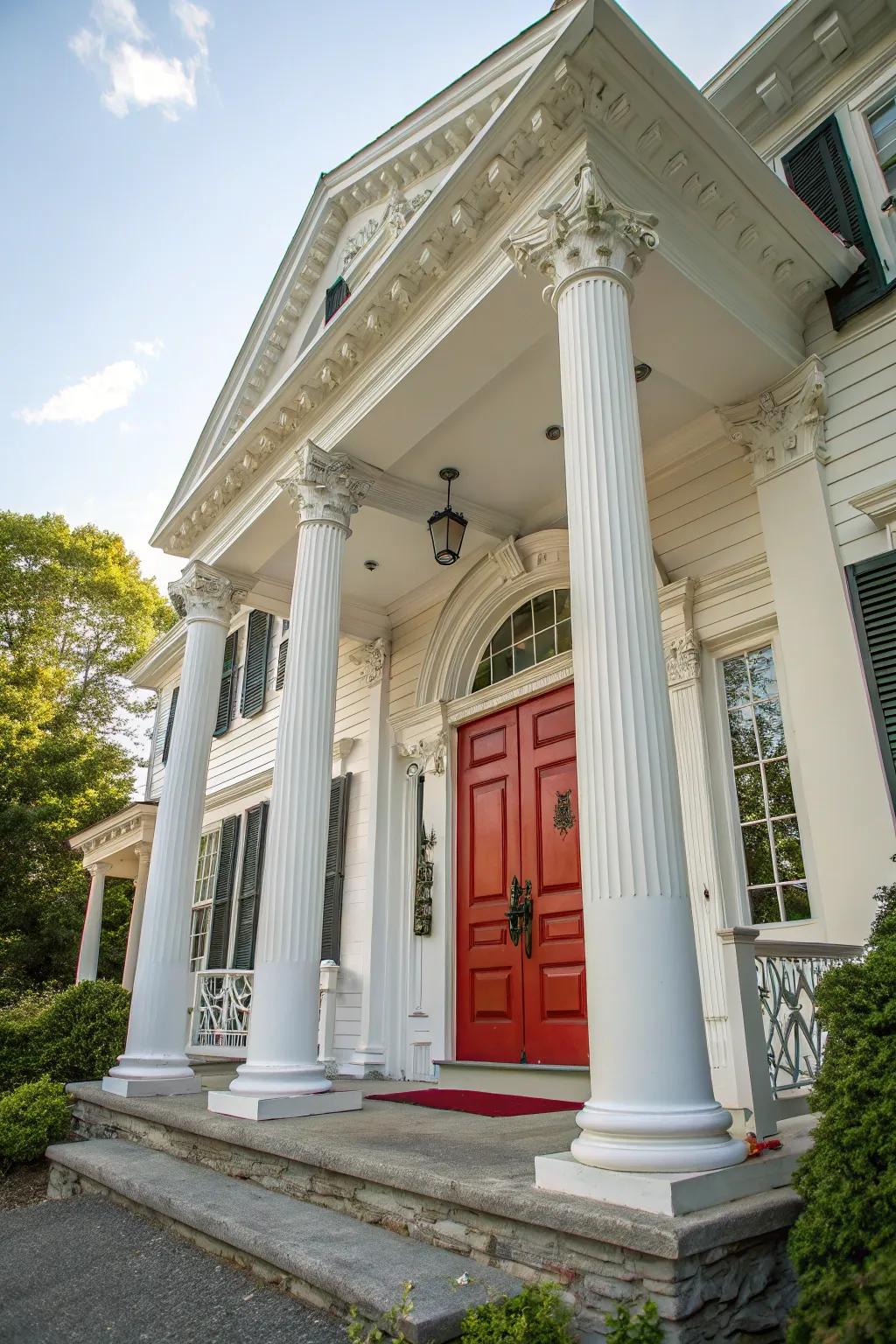 Colonial home radiating timeless charm with a striking crimson front door.