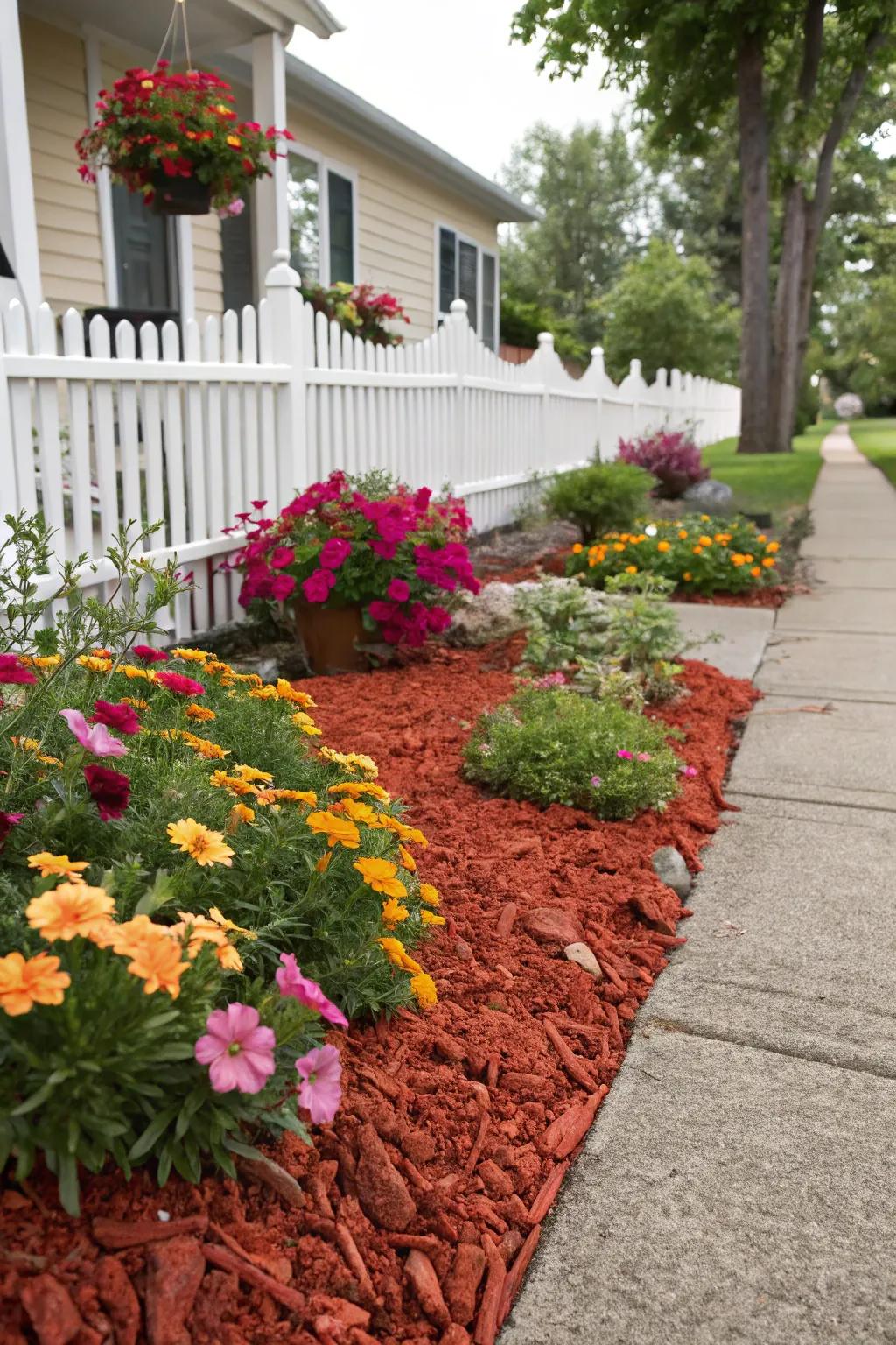 Vibrant mulch enhances the radiant colors of flowers, creating a captivating garden spectacle.