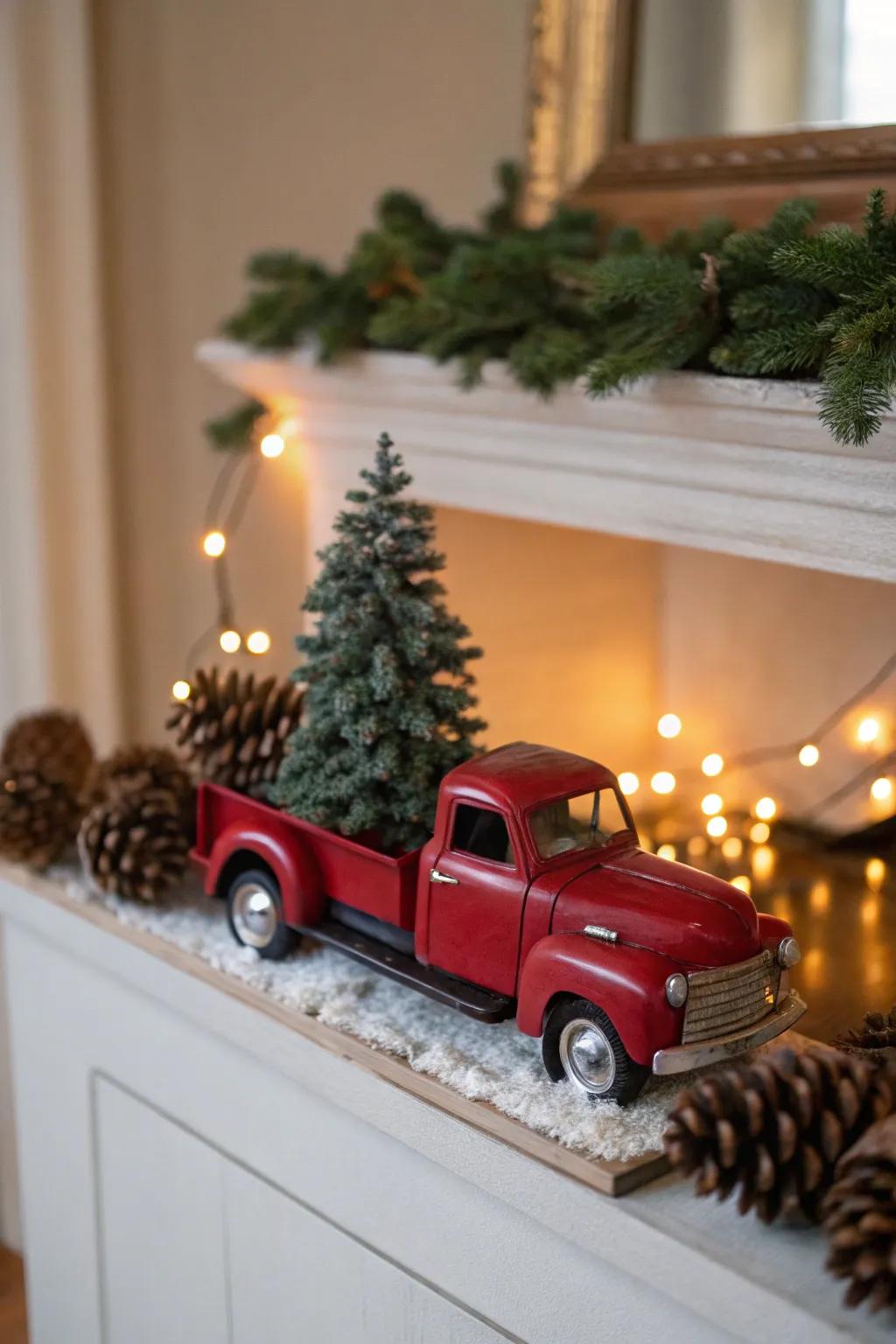 A petite Christmas fir nestled snugly in a crimson pickup on a festive mantel.