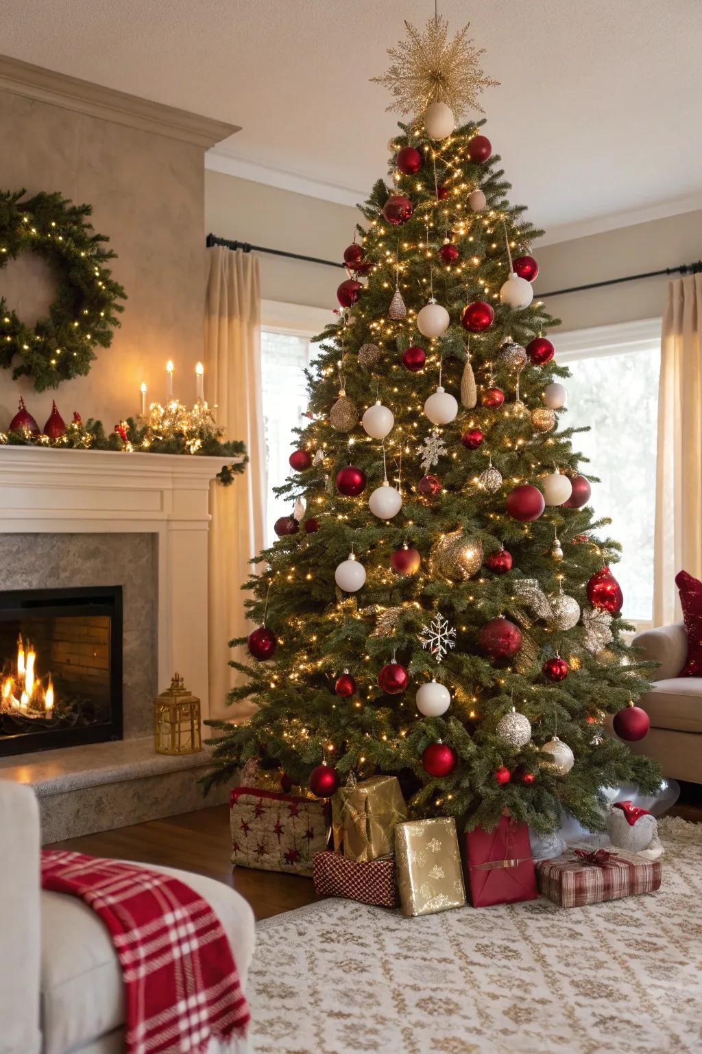 A Christmas tree that embodies timeless sophistication with its crimson and gilded spheres.
