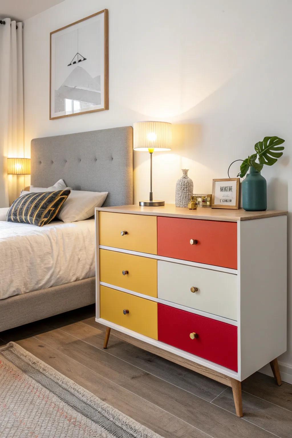 A dresser with color-blocking adds personality to any space.