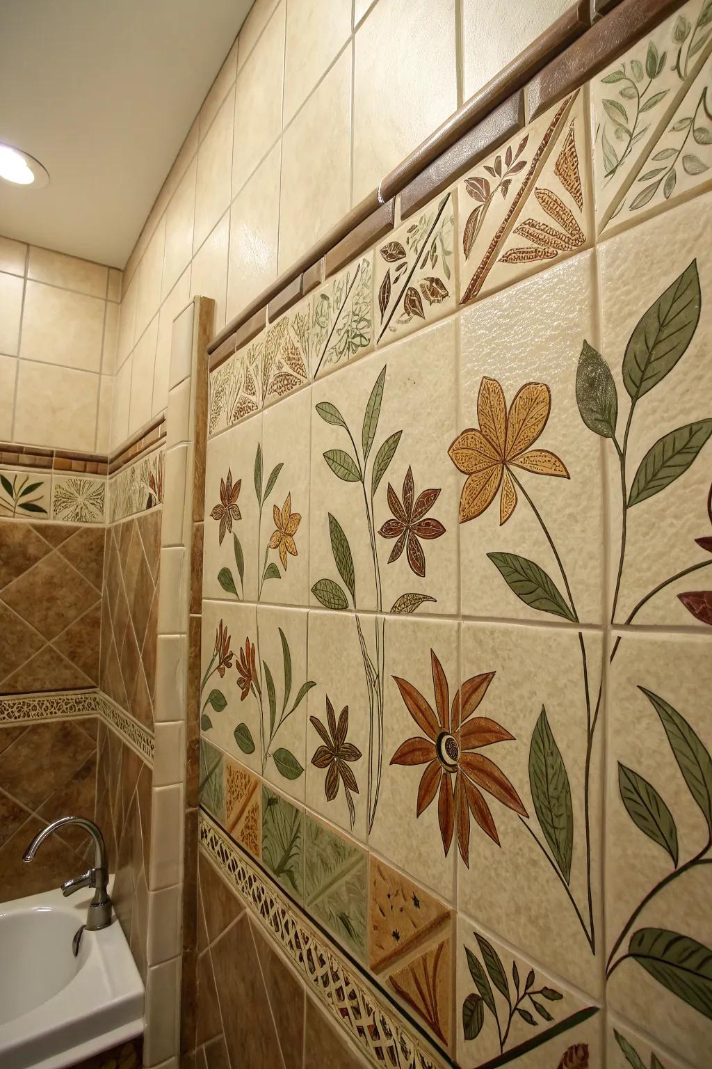Warm hues and foliage designs on textured tiles connect the space with nature.