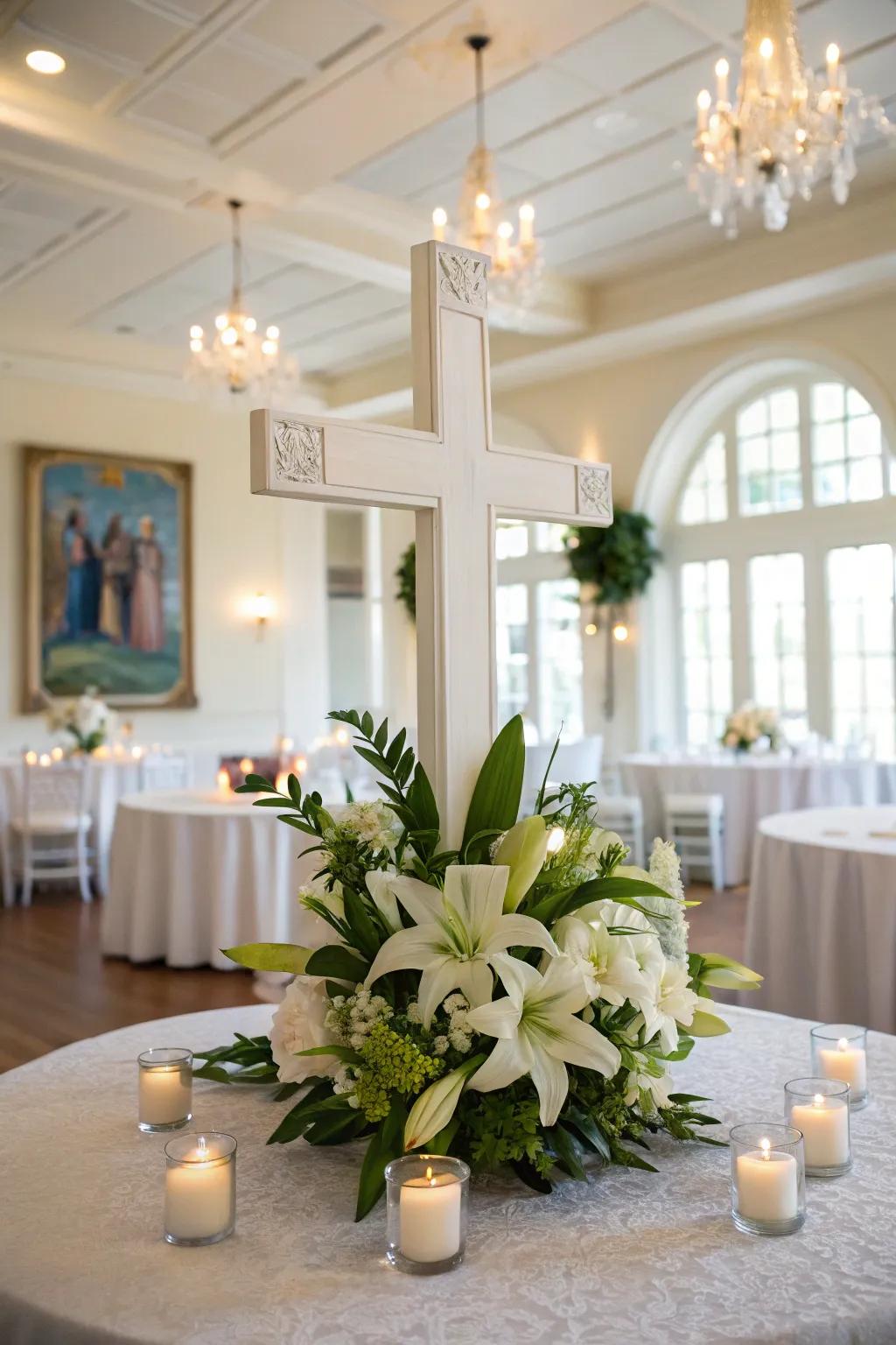 A cross centerpiece embraced by Madonna lilies and candles.
