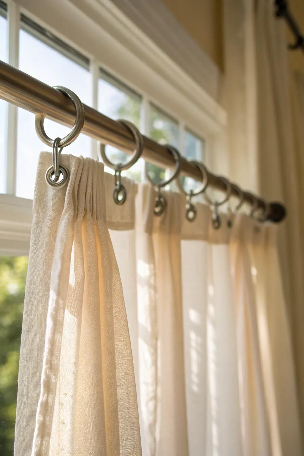 Adhesive hangers gracefully holding up curtains, causing no harm to the walls.