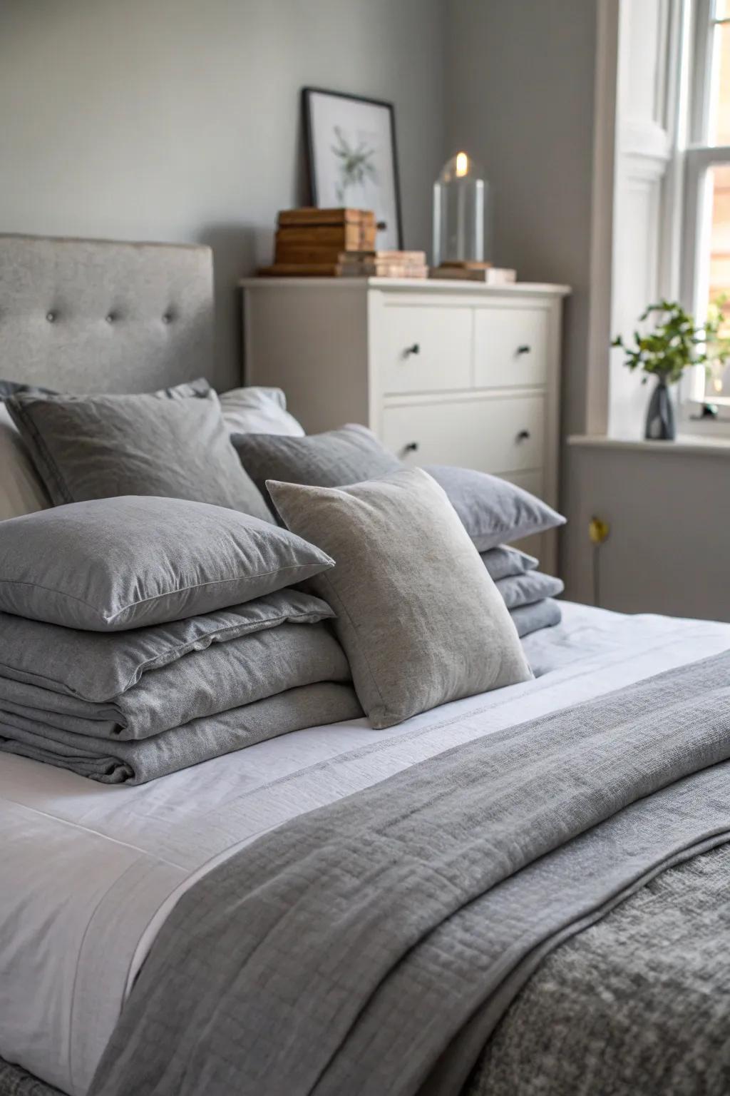 Layered fabrics in repose gray contribute dimension and warmth to the sleeping quarters.