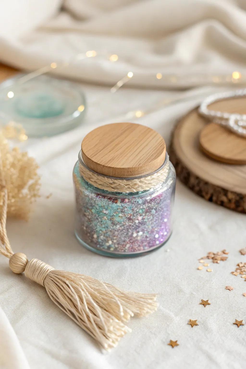 Gleaming Tranquility: A subtle blend of charm and simplicity in each glitter-infused resin jar.