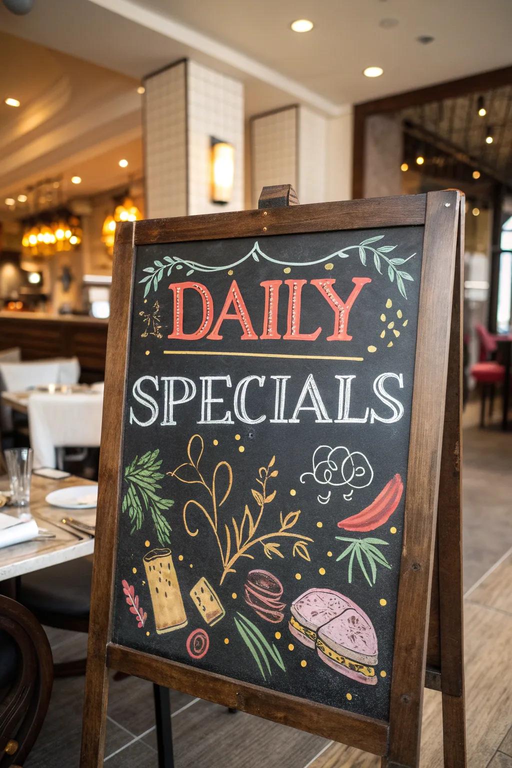 A bistro chalkboard brightly showcases daily specials with attention-grabbing hues and artwork.