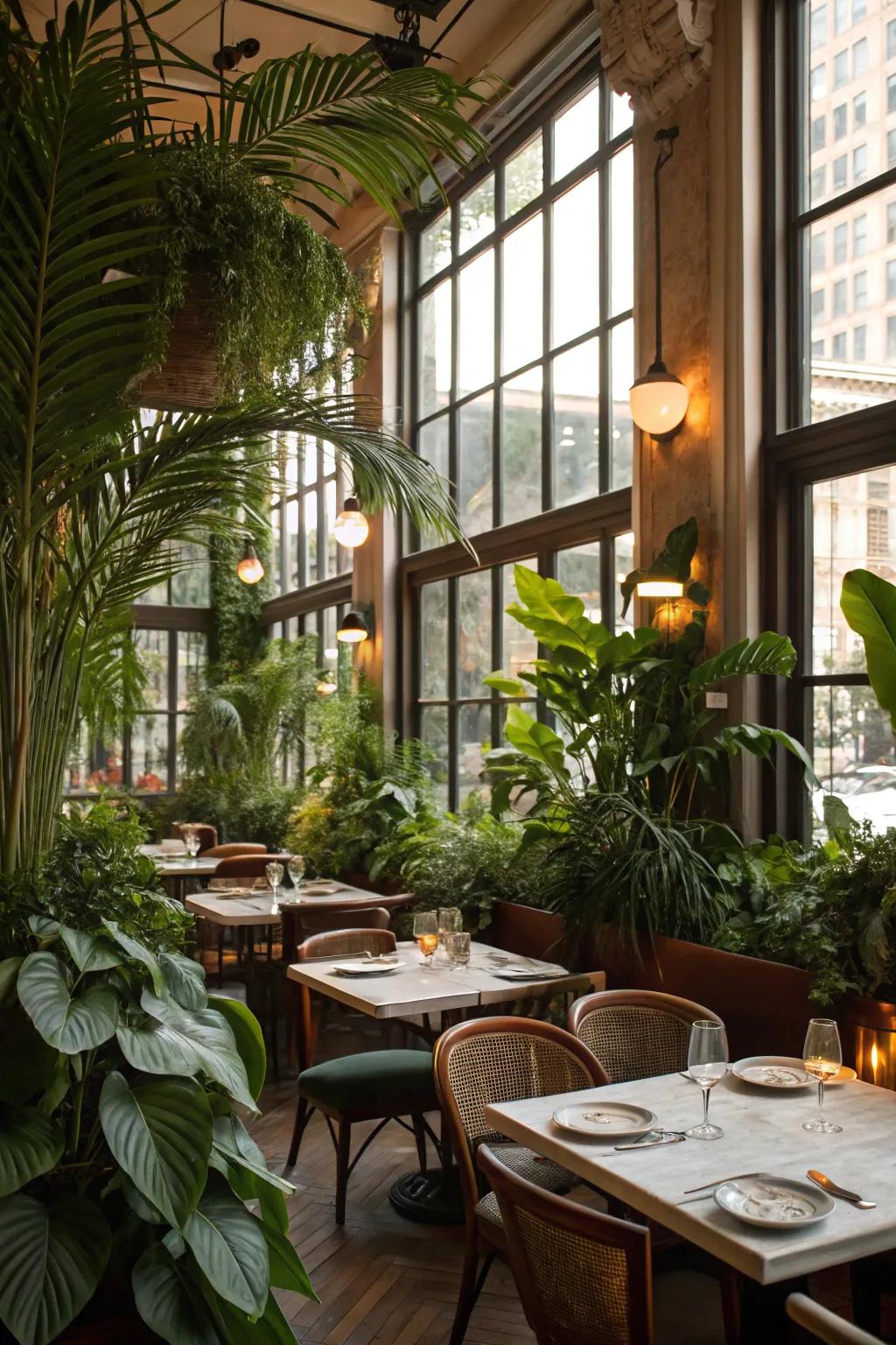 The infusion of natural components breathes vitality into restaurant interiors, resulting in a tranquil dining setting.