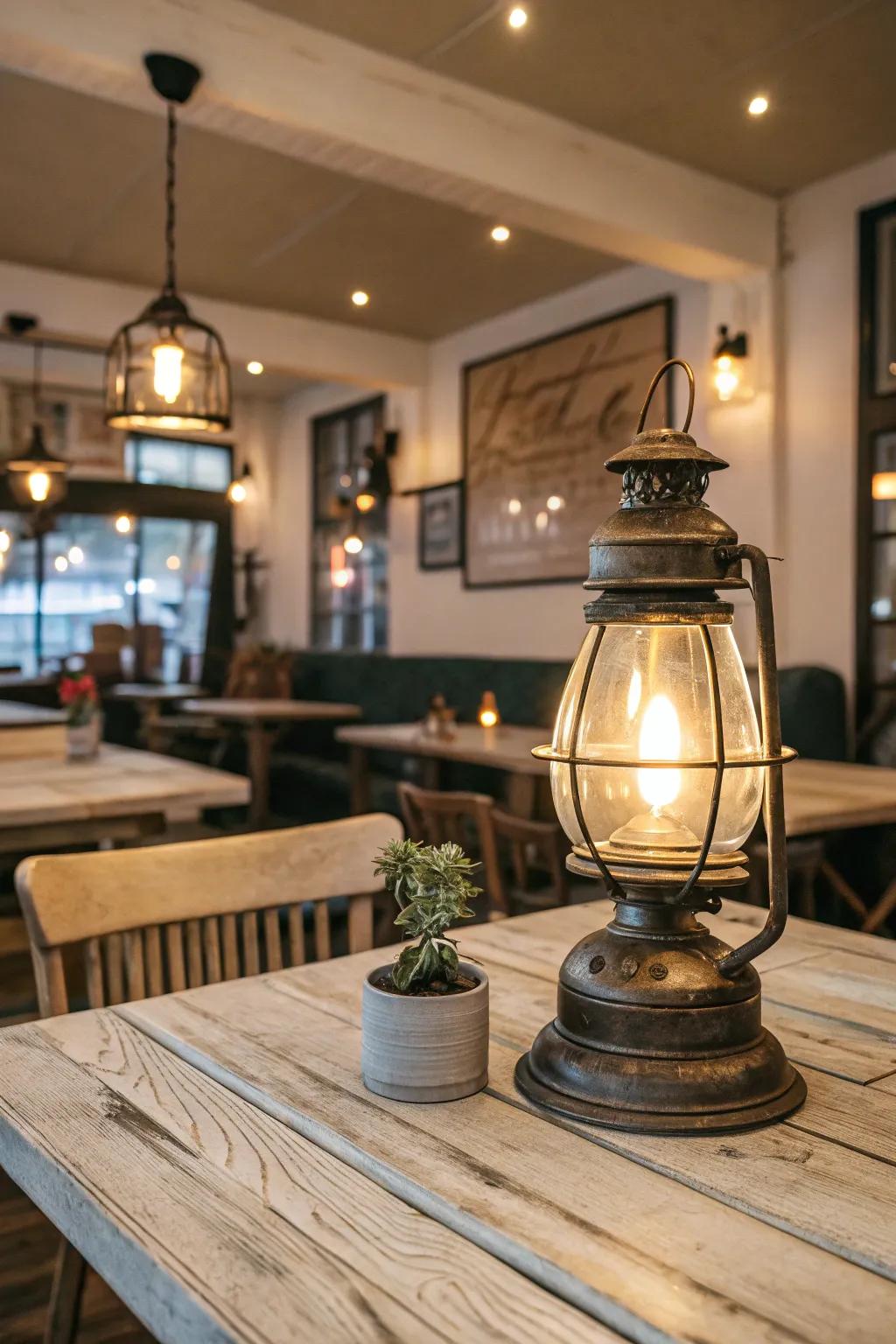 A vintage lantern-style table lamp graces a rustic wooden table within a restaurant setting.