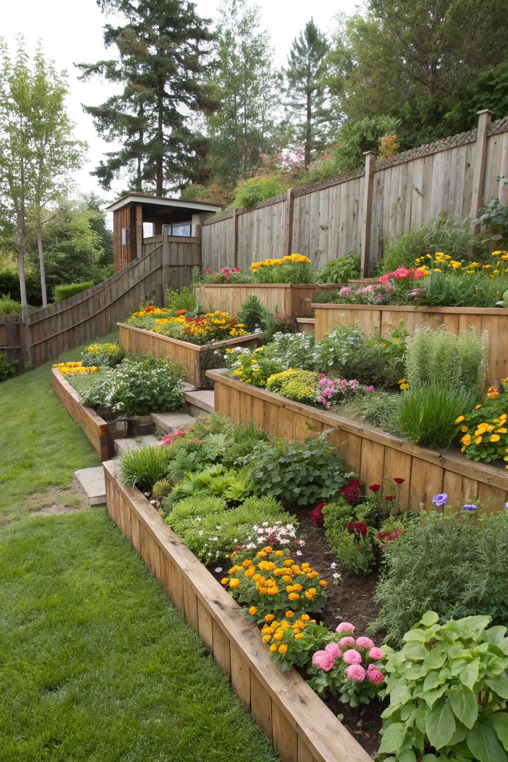 Sculpt a terraced garden with tiered walls, creating a vibrant, layered tableau.