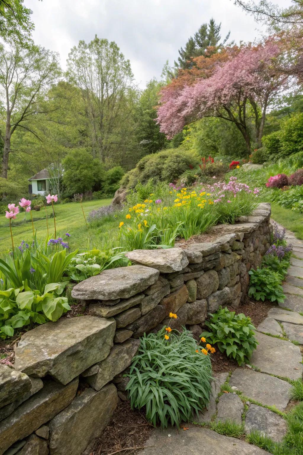 A rustic stone retaining wall brings a timeless appeal to any garden setting.
