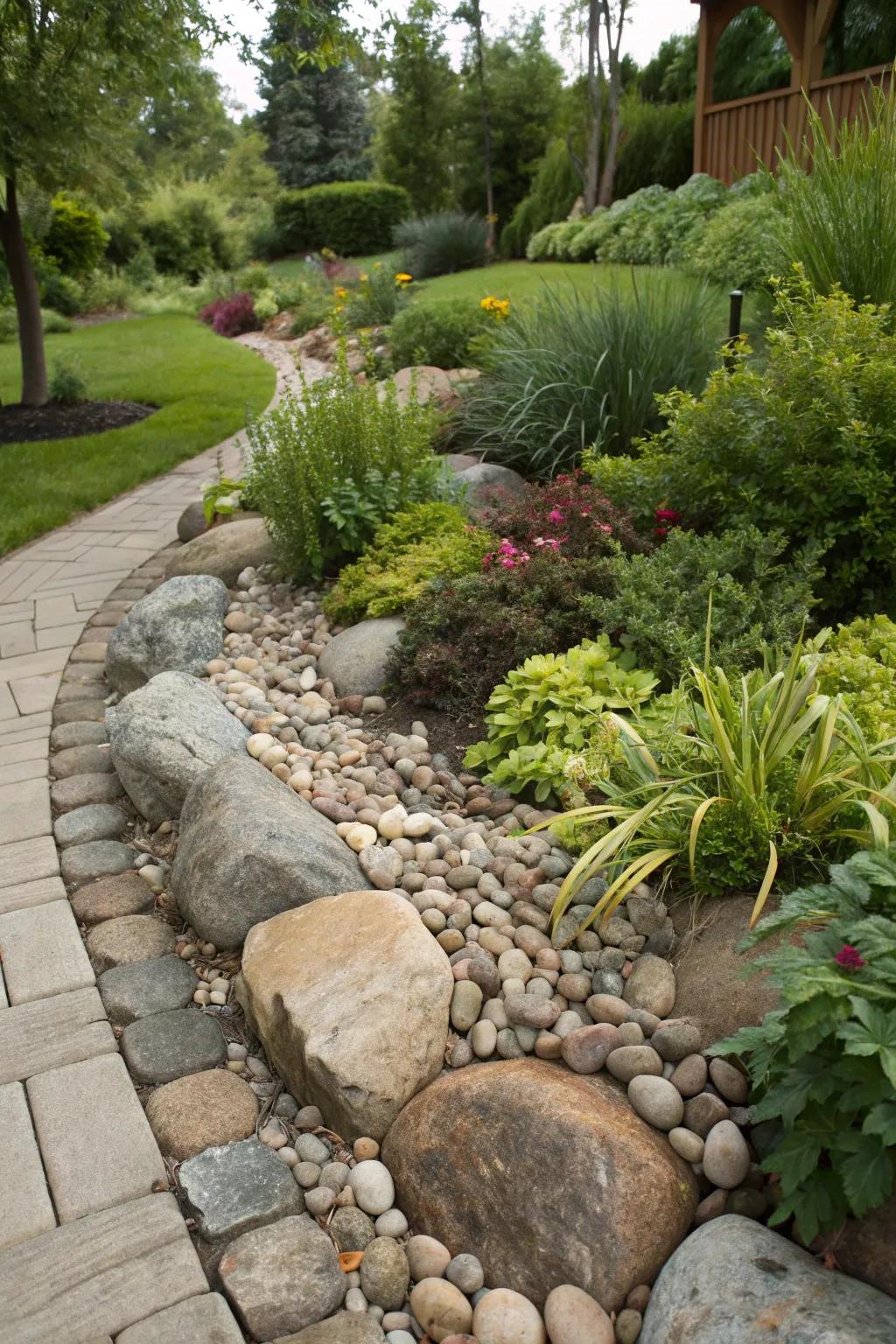 A garden elegantly bordered with smooth stream stones, highlighting the inherent allure of the greenery.