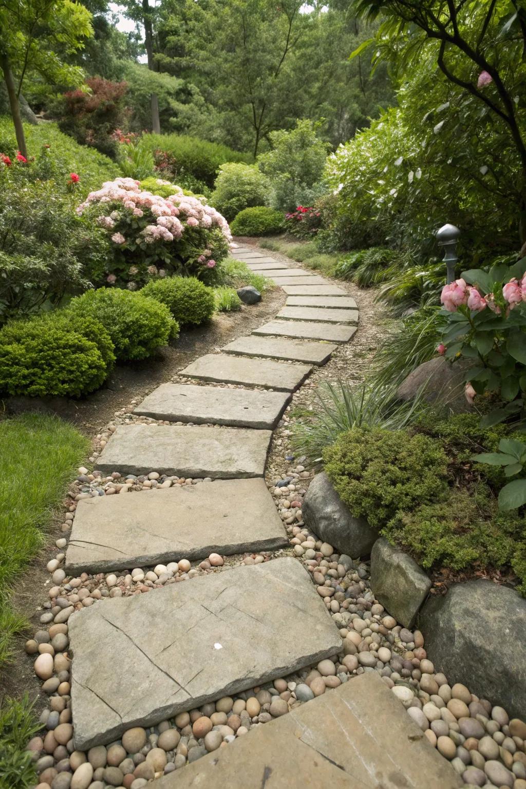 An organic stone walkway entices exploration amidst lavish vegetation.