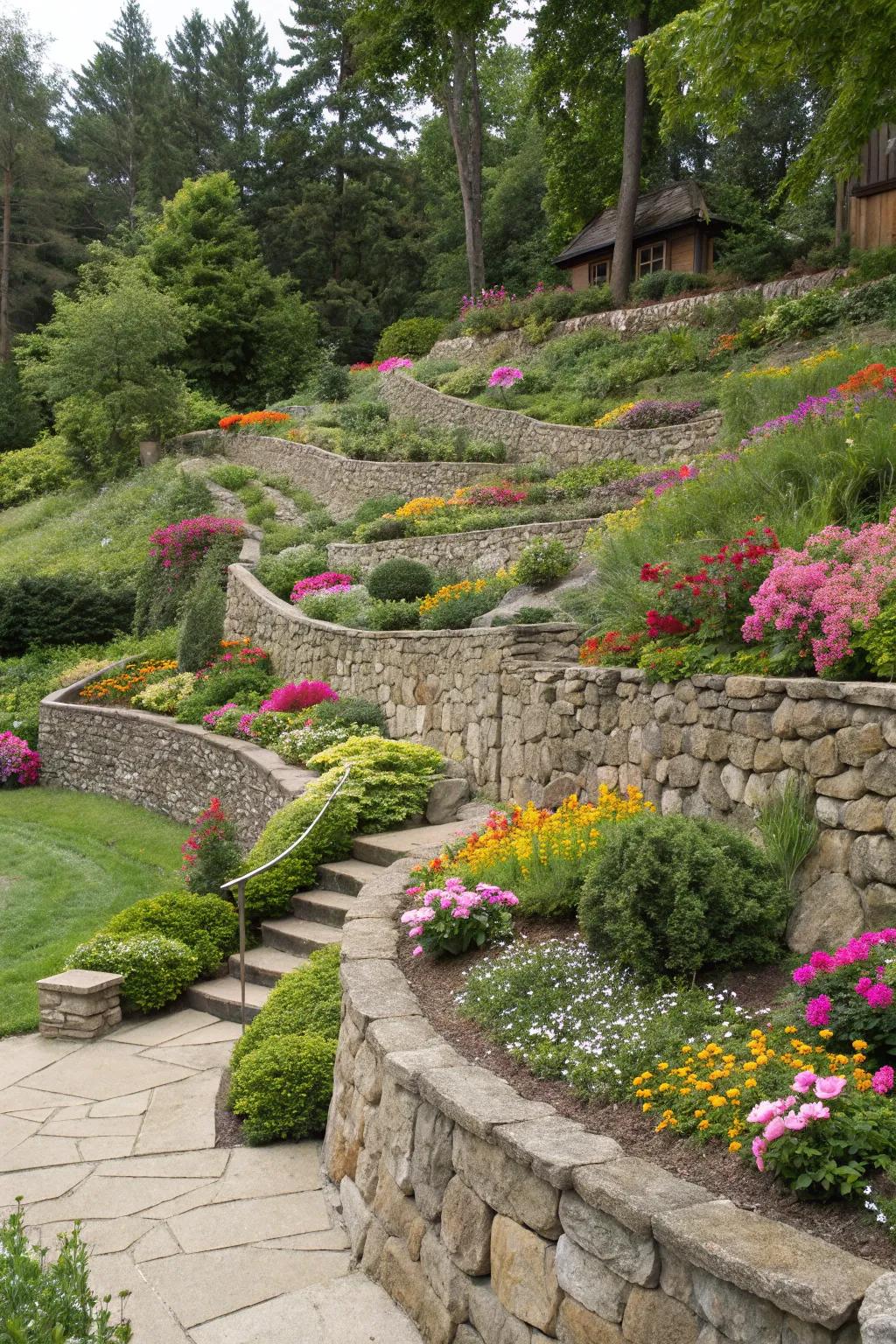Stepped gardens with stone structures fashion a layered landscape teeming with color.
