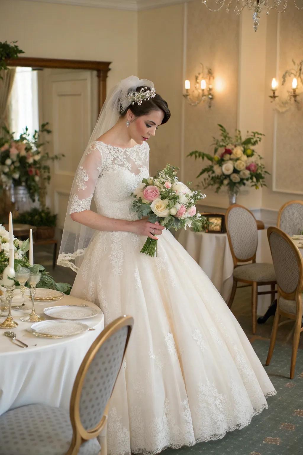 A bride channels vintage rockabilly style in a delightful tea-length dress.