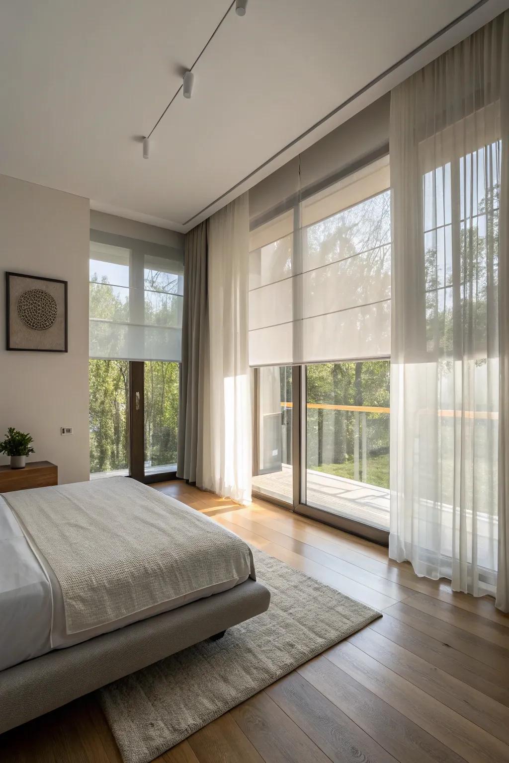 See-through roll-up blinds add gentleness to any minimalist boudoir.