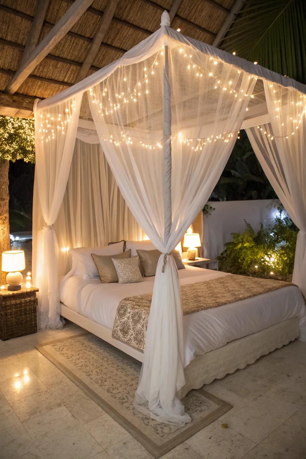 A crowned bed with see-through drapes oozes charm and romance.