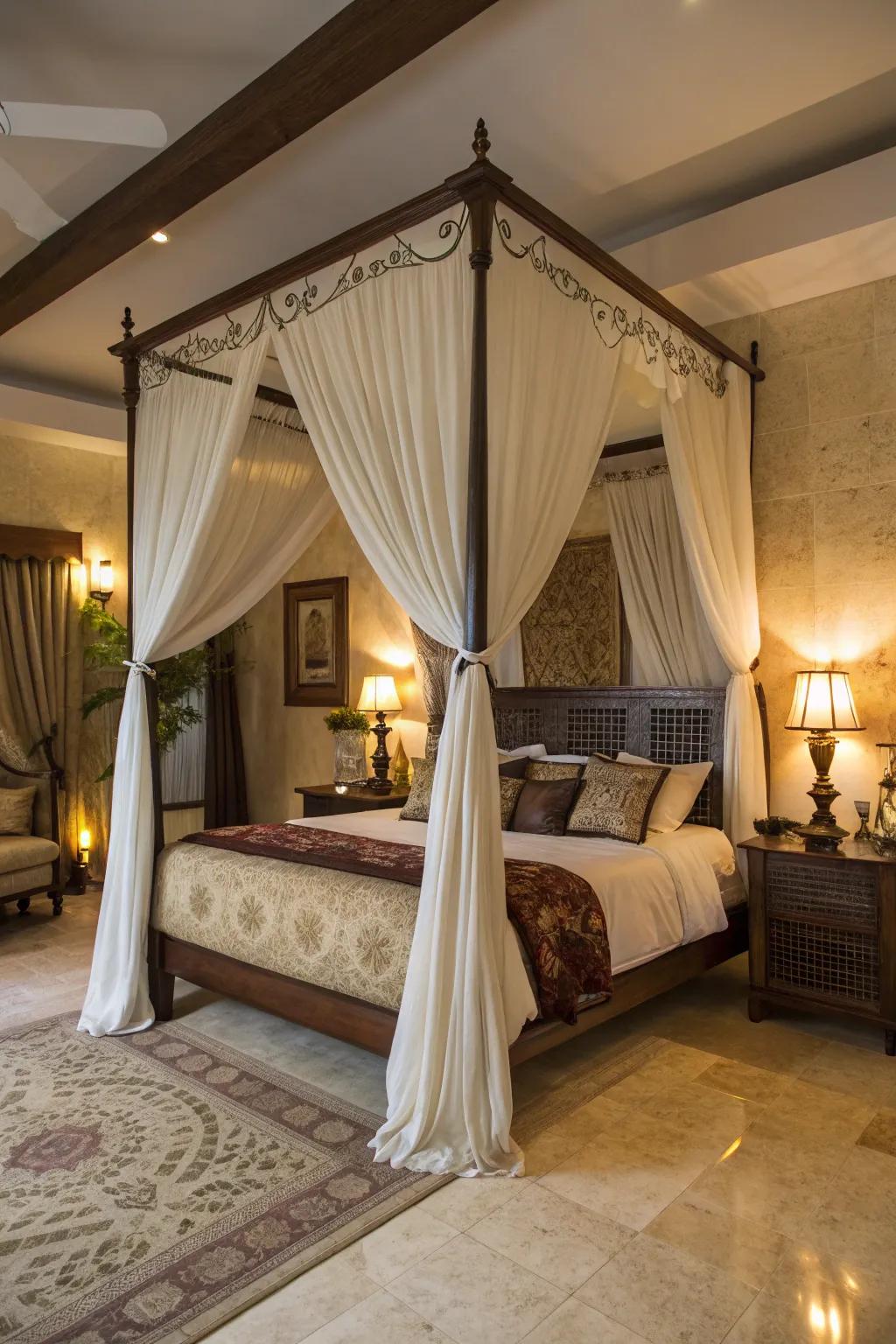 A four-poster bed enveloped in gentle fabrics, fashioning a snug and regal ambiance.