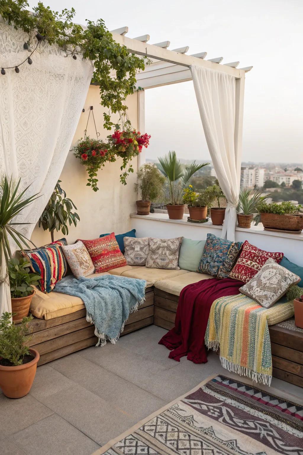 An inviting seating area transforms your rooftop into a cozy haven.