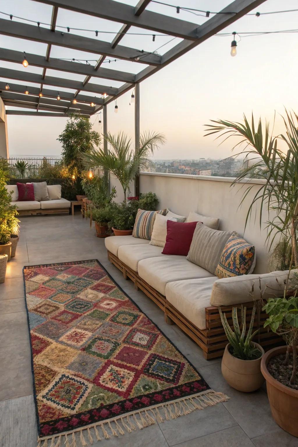 A cozy seating area transforms your rooftop into an inviting haven.