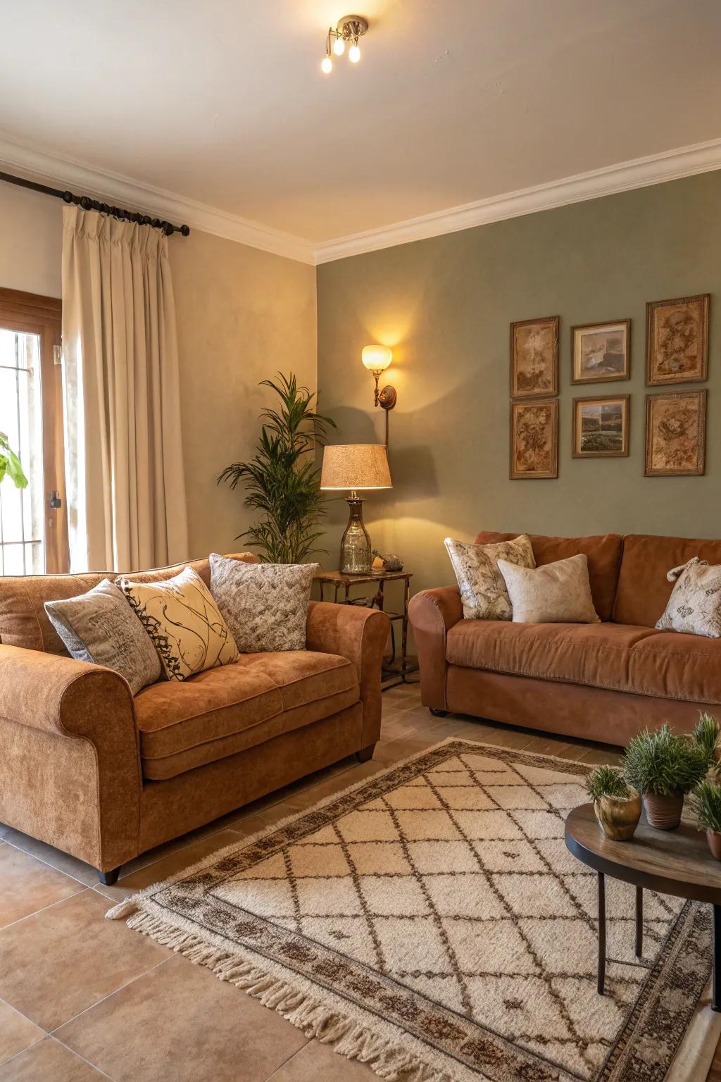 A snug living area featuring warm earth tones and luxurious textiles, inviting heartfelt moments.