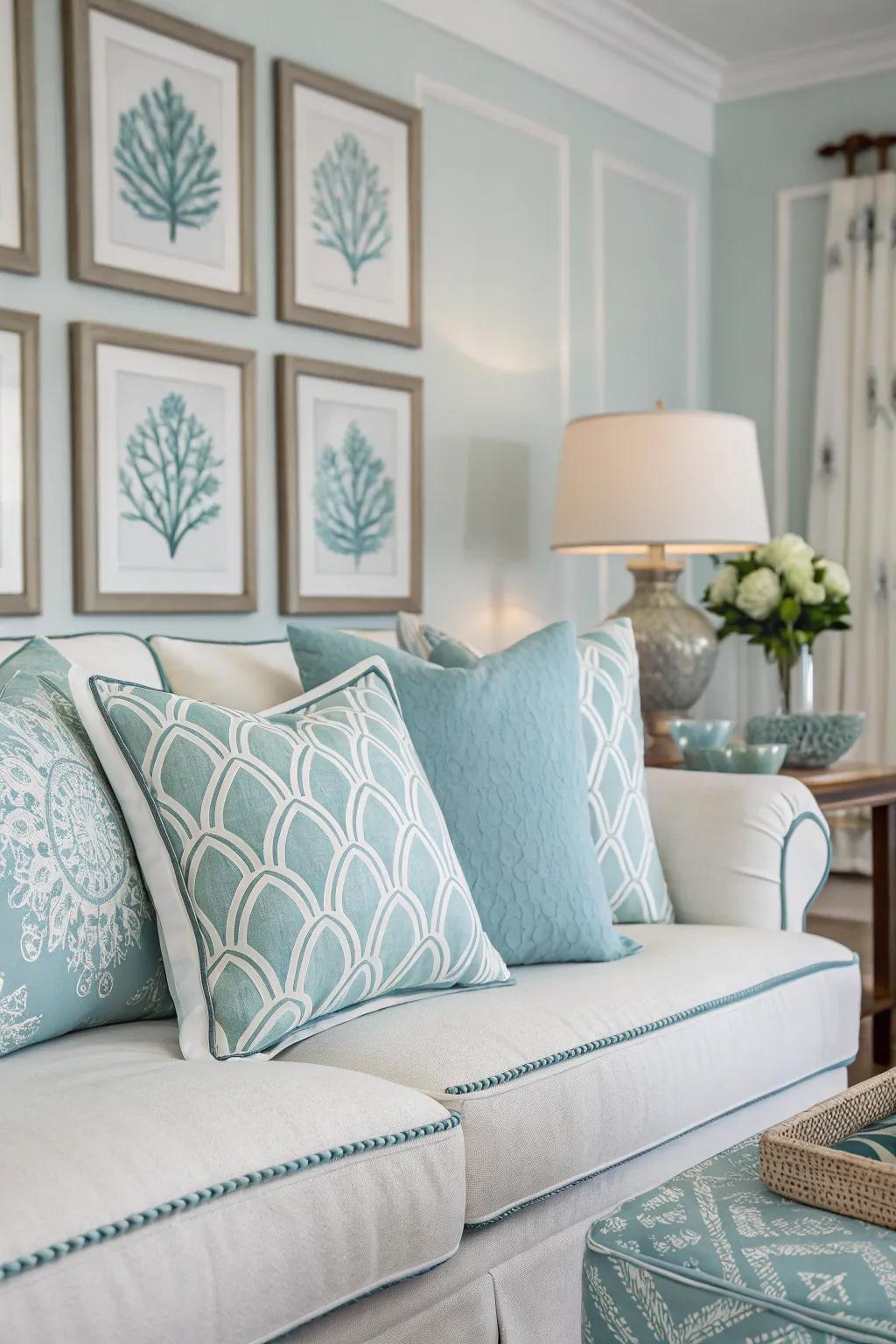 A room showcasing a graceful color palette of blues and whites.