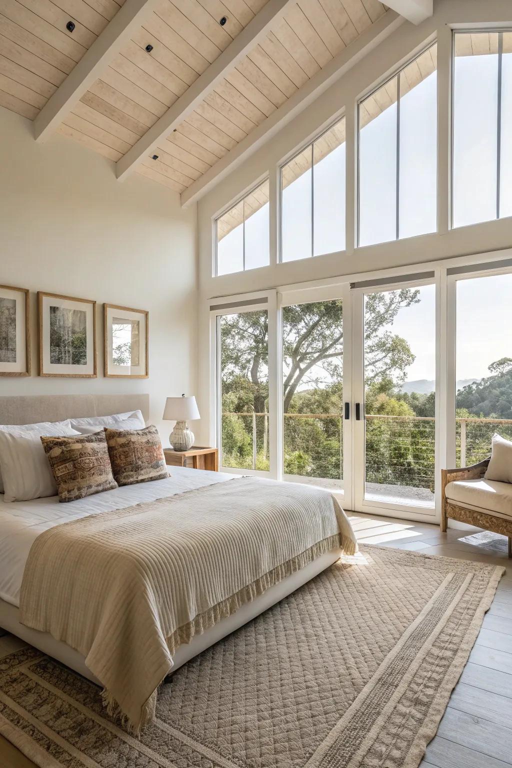 A peaceful bedroom featuring natural light and a soothing color design.